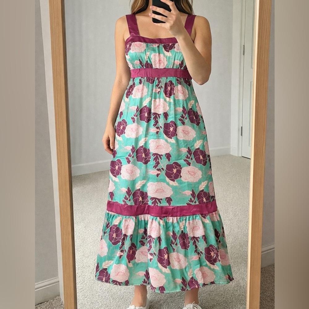 Womens 100% Silk Maxi Dress Floral Purple Pink Ruffle‎ Hem Flowy Empire Waist S